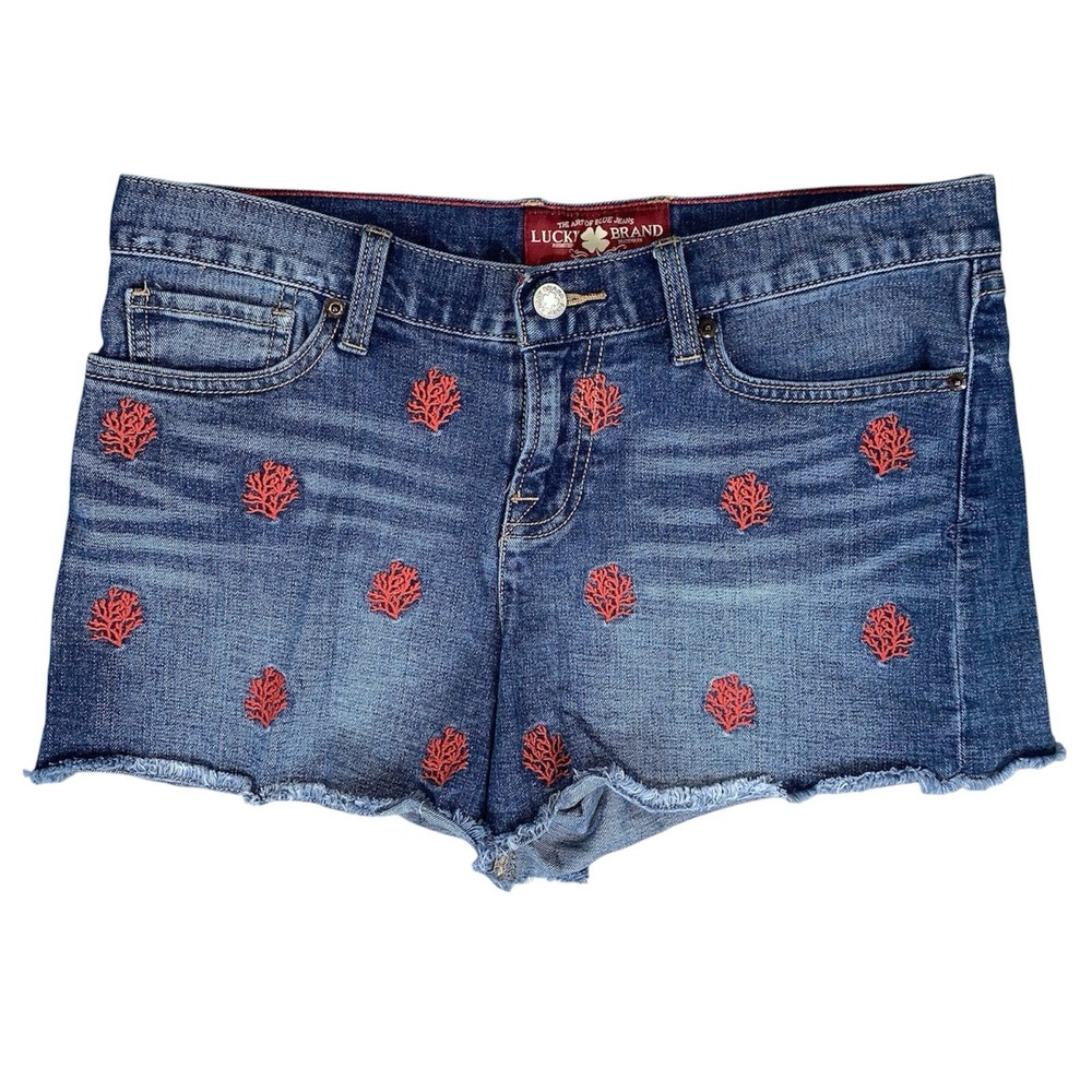 Lucky Brand Boardwalk Embroidered Coral Raw Hem Cut Off Blue Jeans Shorts‎ 4/27